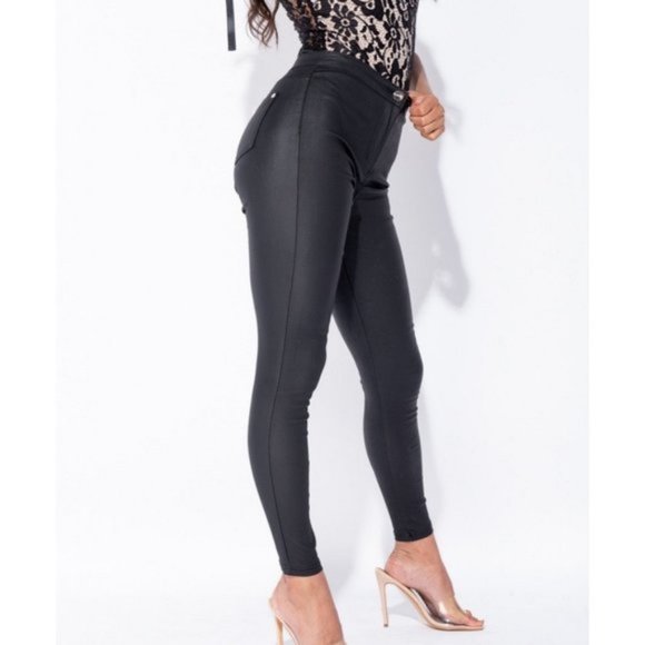 Black Vegan Leather Coated High Waist Skinny Pants - Picture 6 of 9